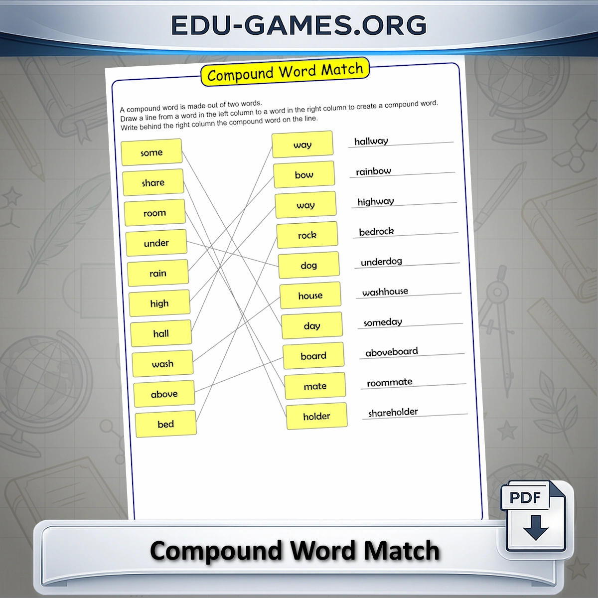 Free printable compound word match worksheet generator