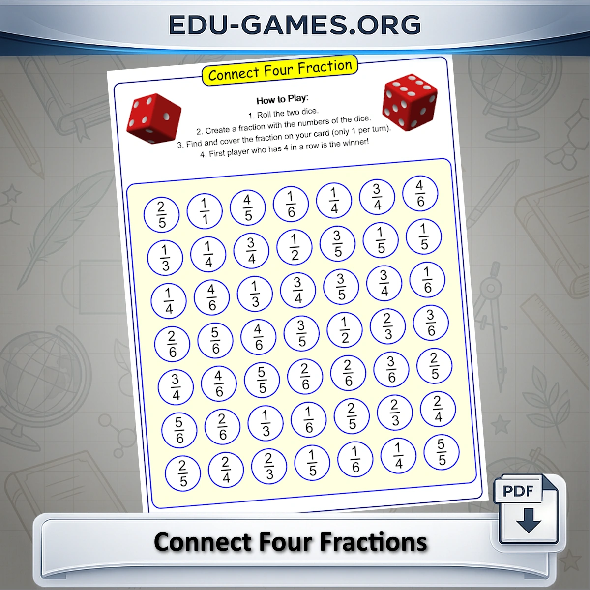 Free printable Connect Four Fractions game worksheet generator