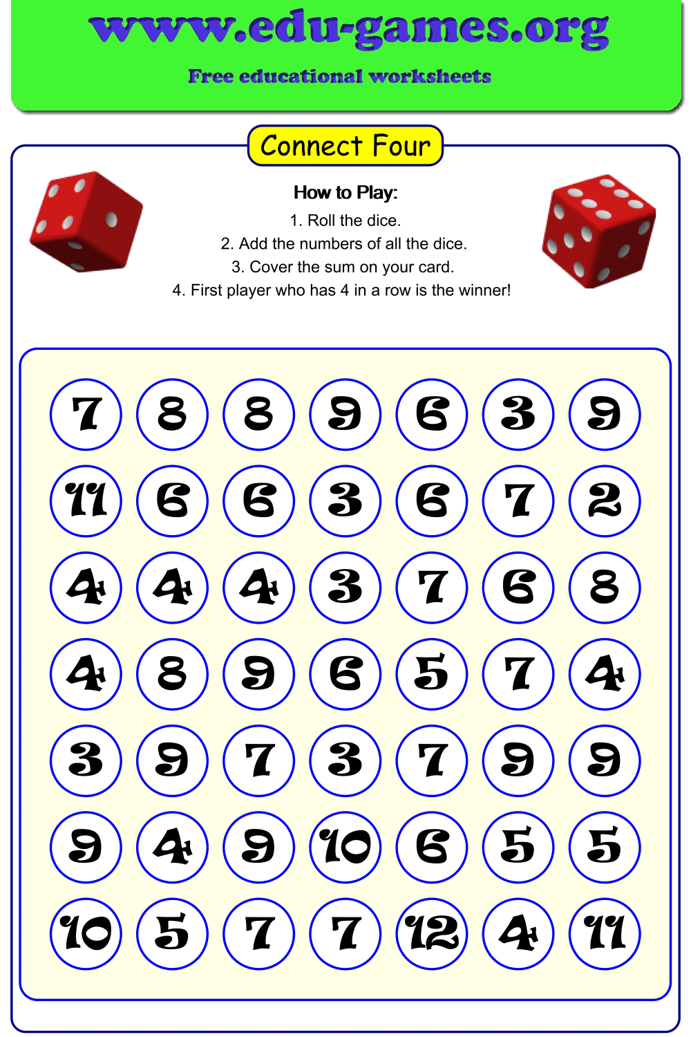 Free Printable Connect Four Math Card Generator