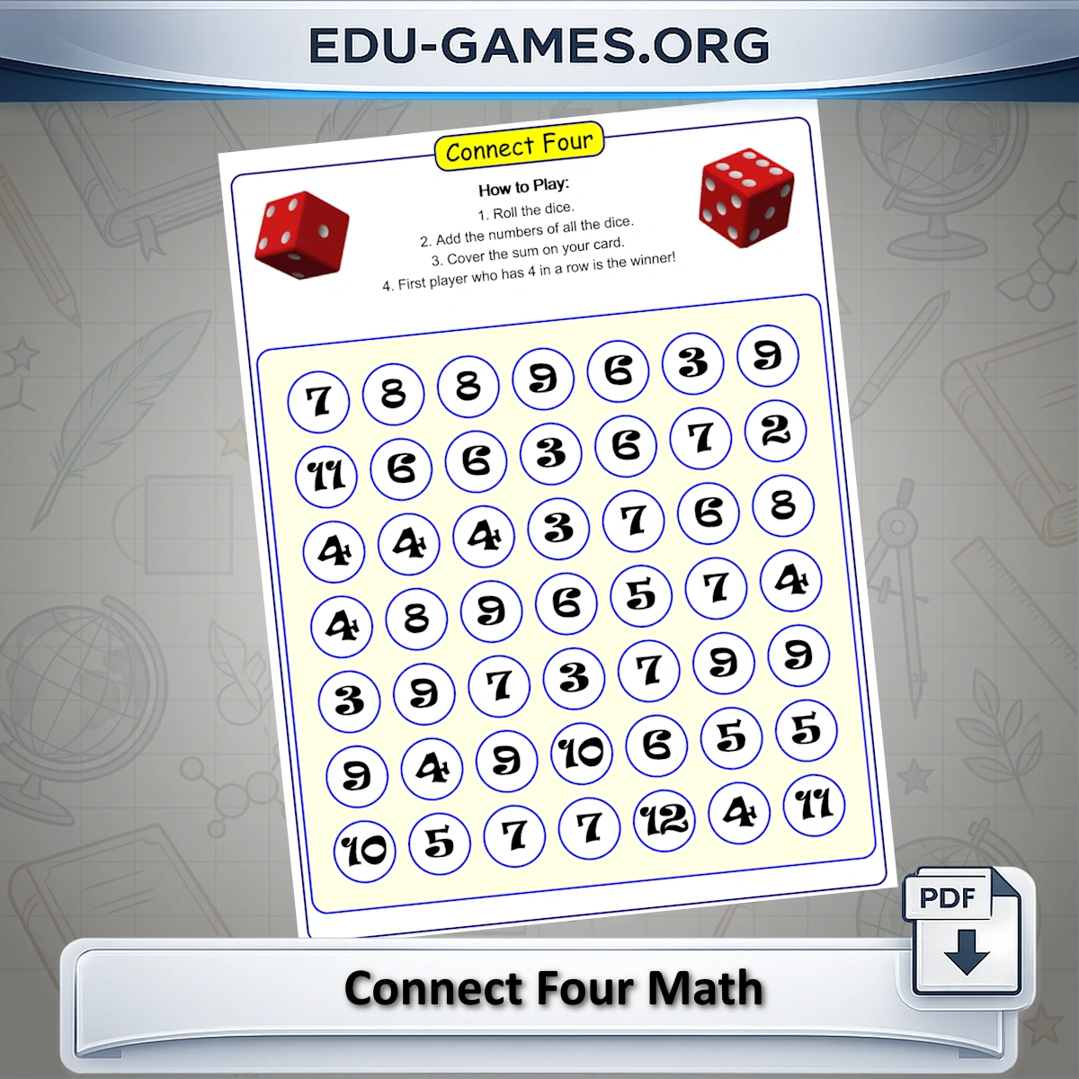 Free printable Connect Four math game card generator