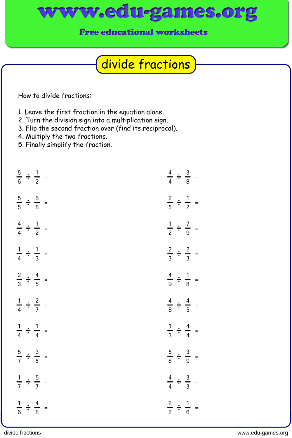 Dividing Fractions Worksheet — Free Printable PDF Generator