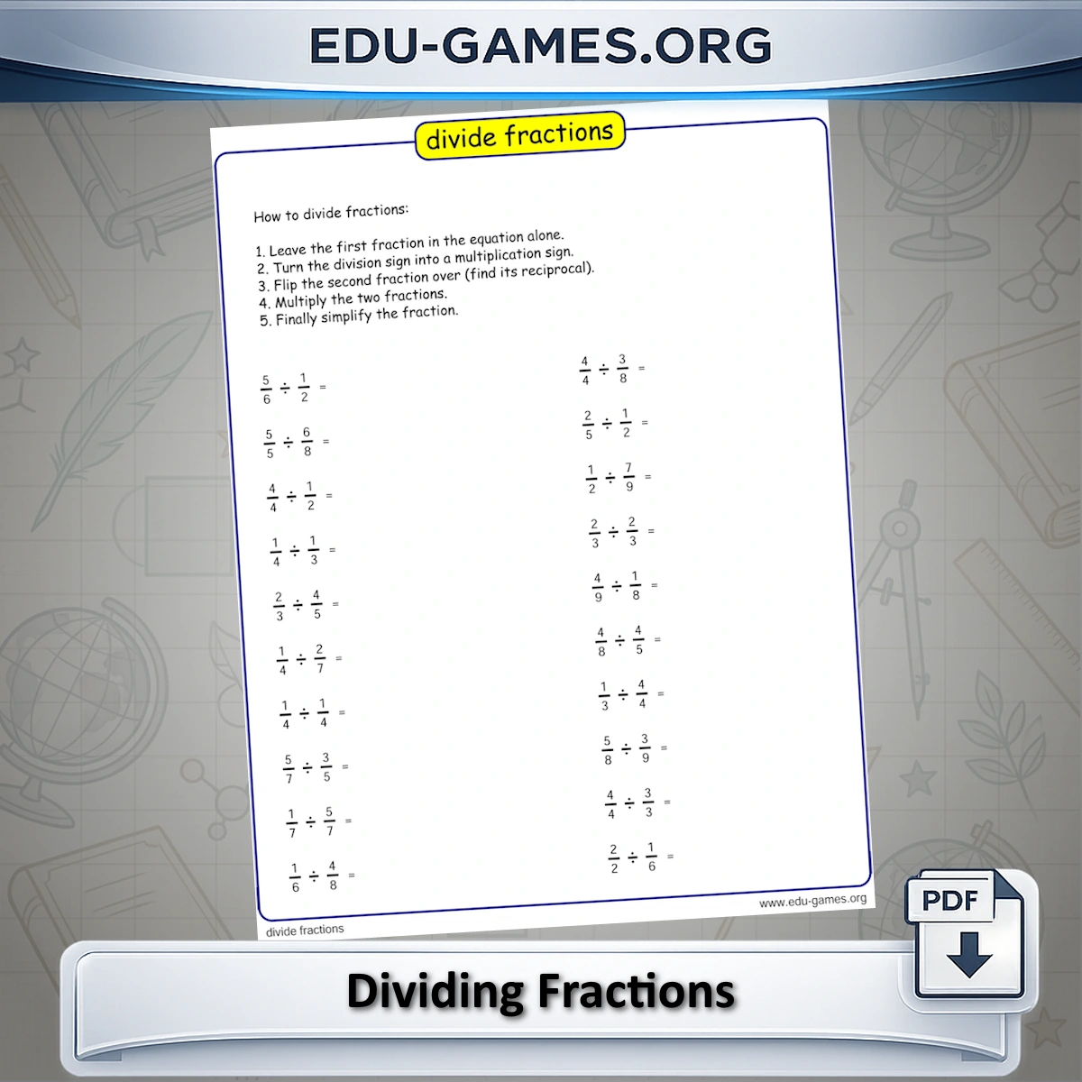 Free printable dividing fractions worksheet generator