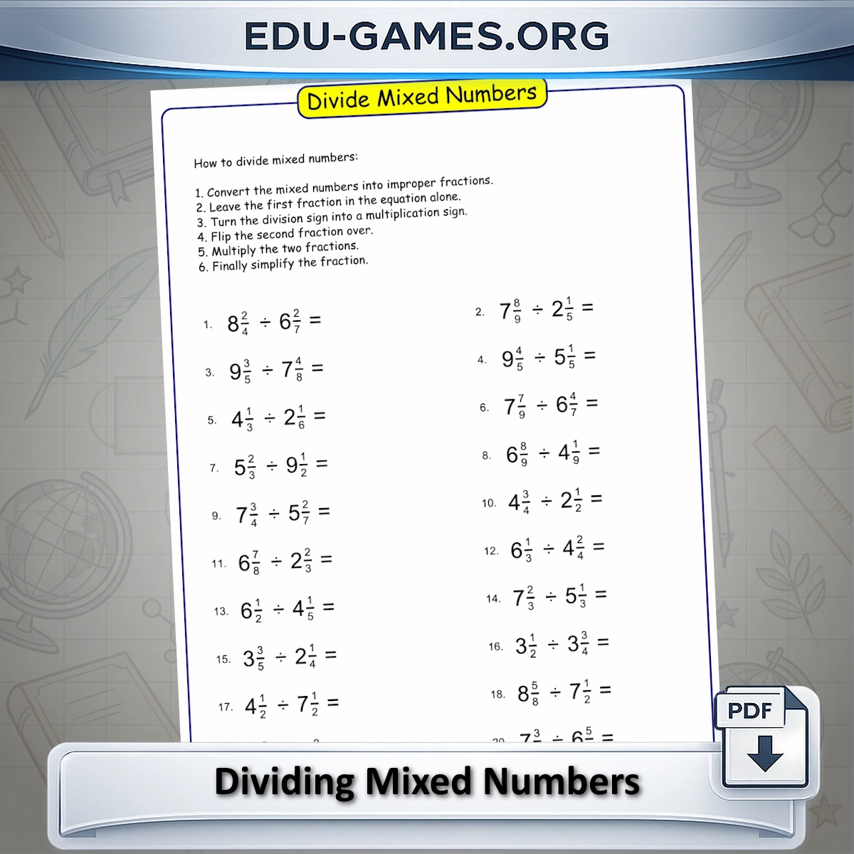 Free printable dividing mixed numbers worksheet generator