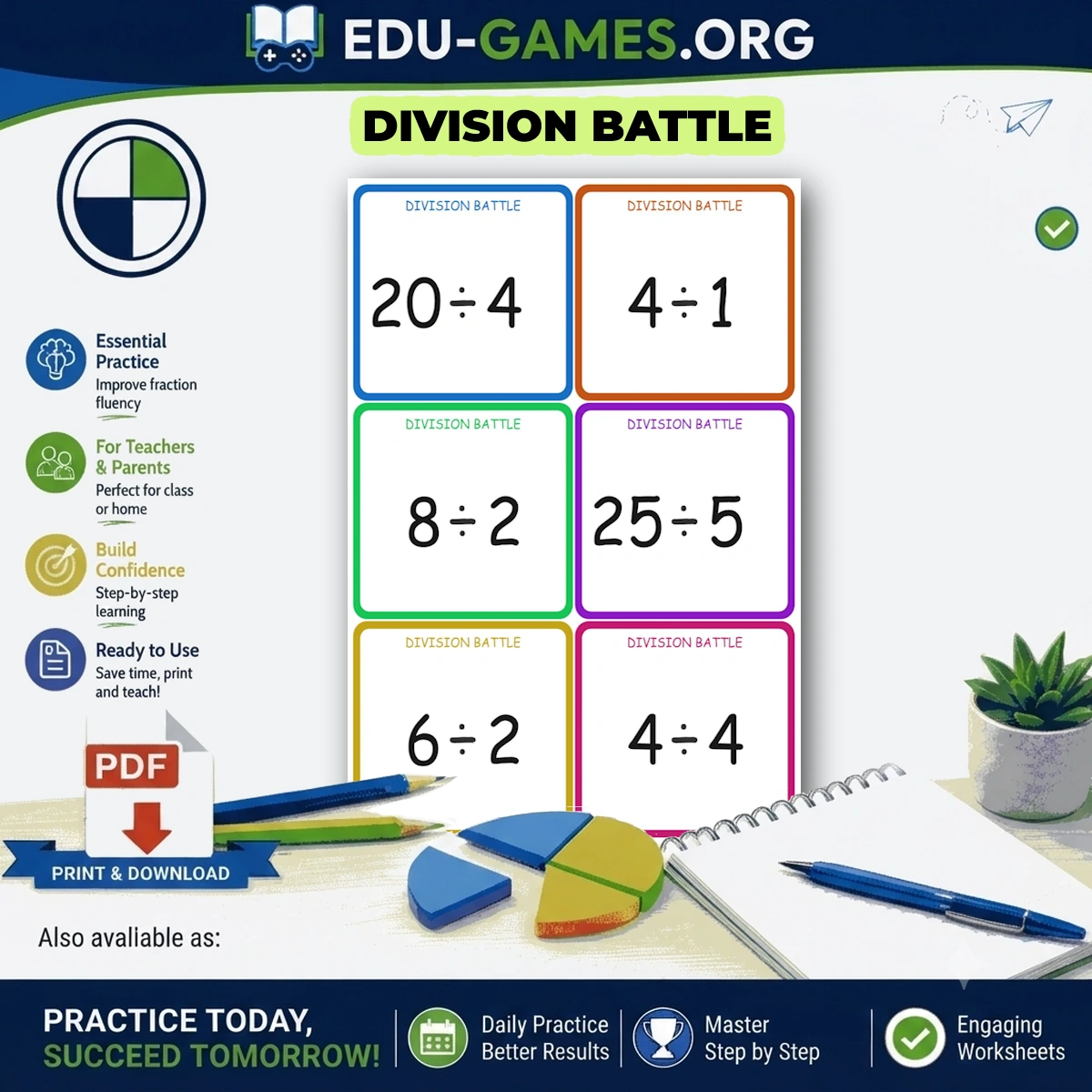 Printable division battle card game