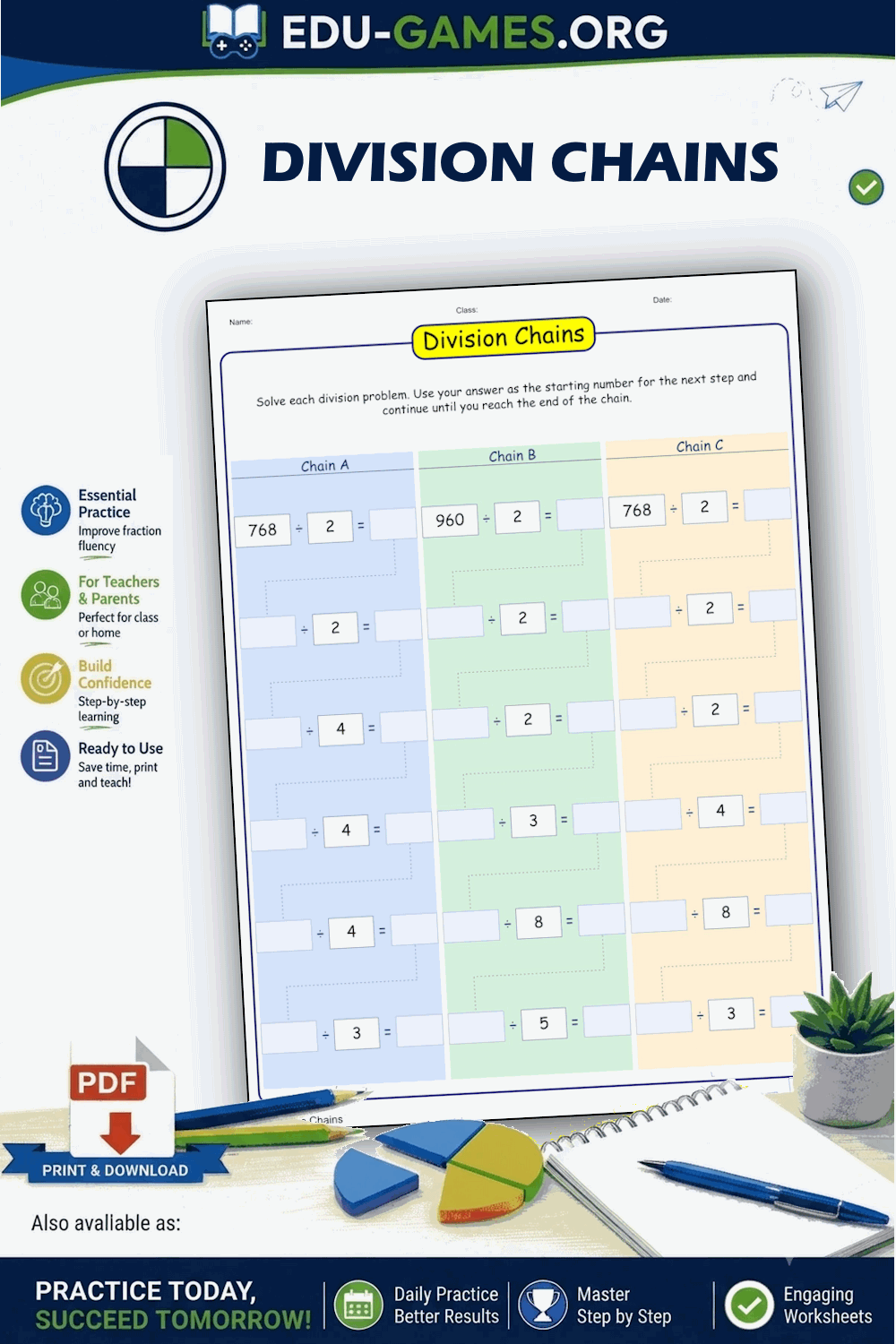 Division Chains Worksheet Generator — Free Printable PDF