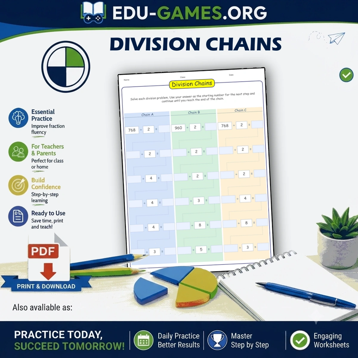 Free printable Division Chains worksheet generator - connected division problems where each answer starts the next.