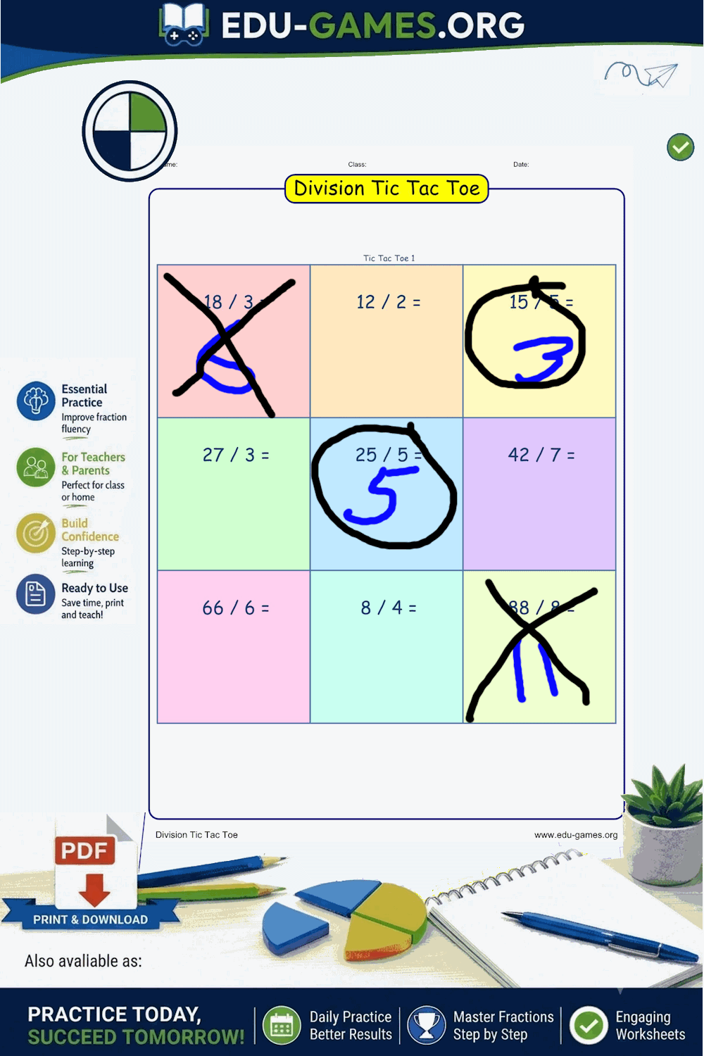 Division Tic Tac Toe Worksheet Generator — Free Printable PDF