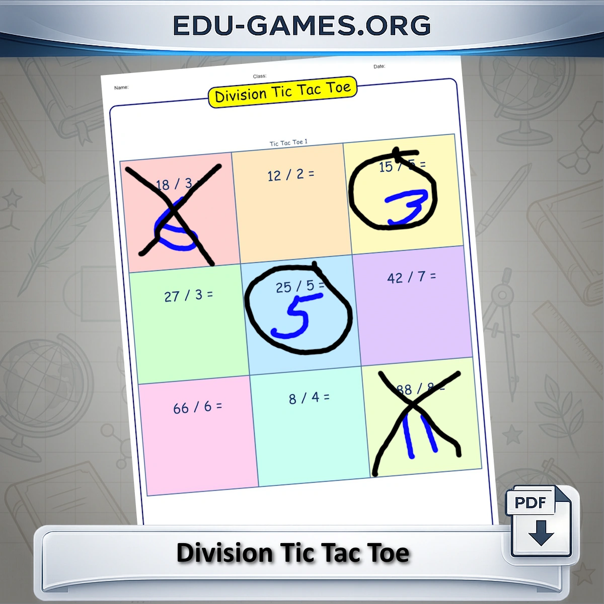 Free printable Division Tic Tac Toe worksheet generator - division problems in every square of a 3x3 tic-tac-toe grid.