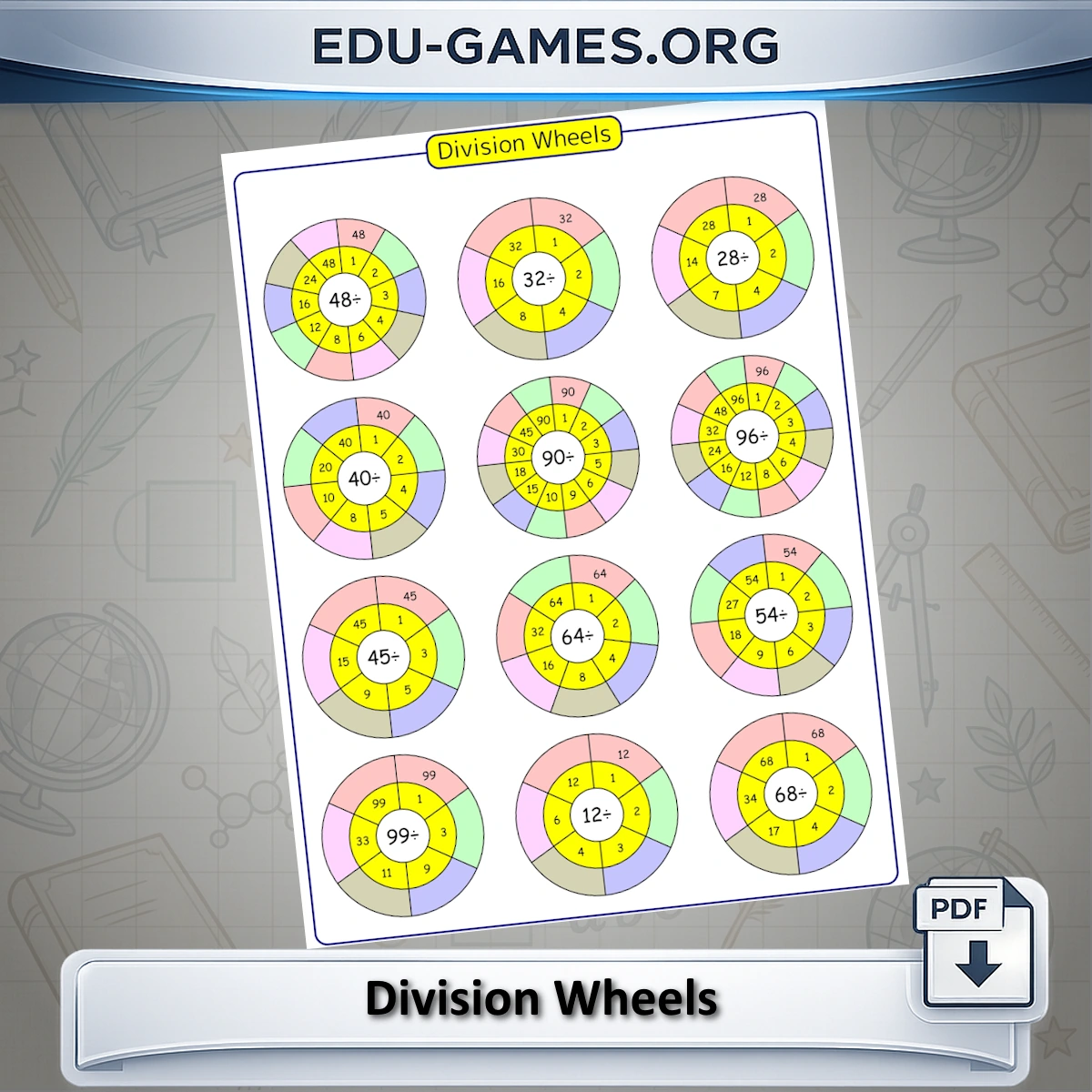 Free printable division wheels worksheet generator