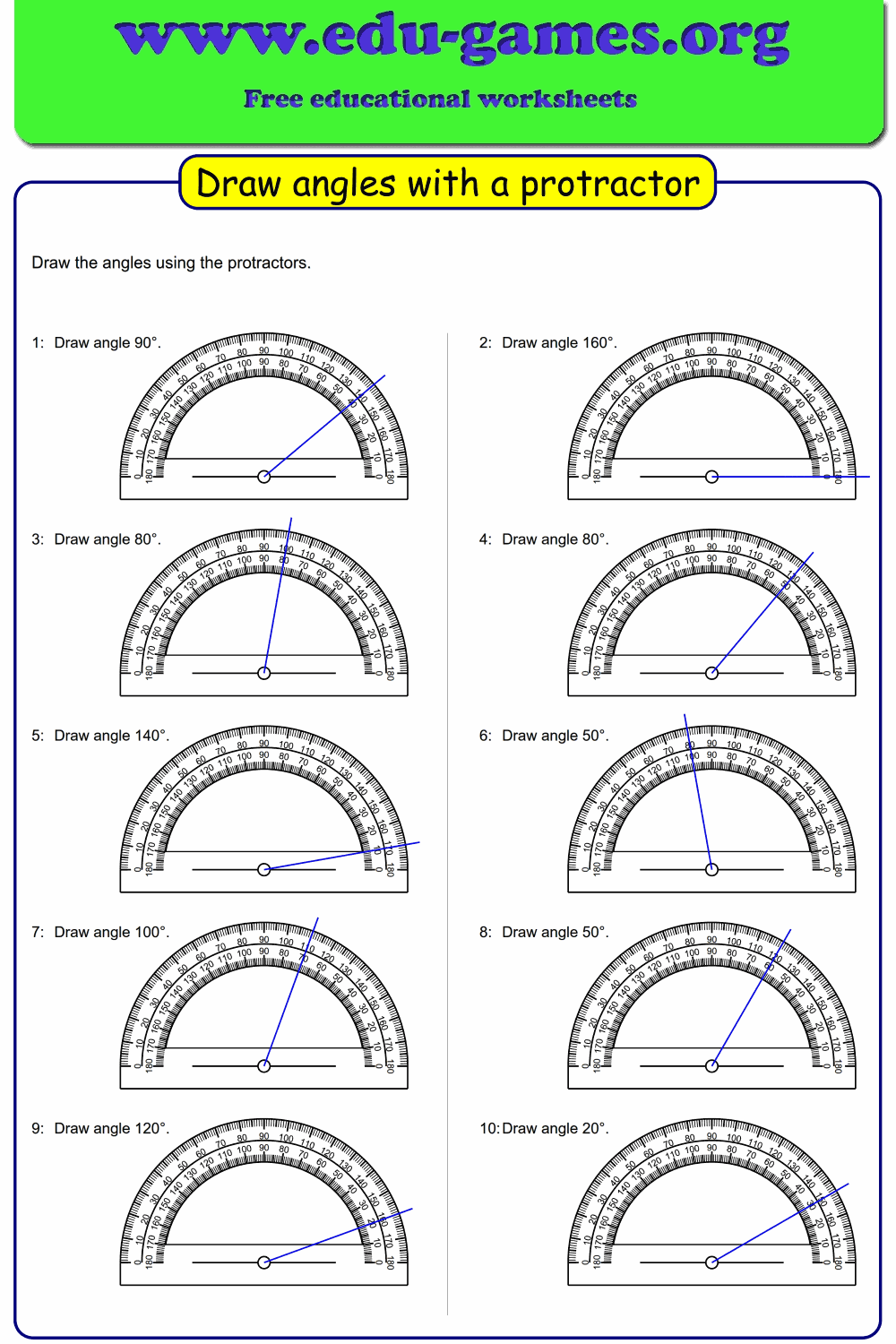 Draw Angles with a Protractor — Free Printable