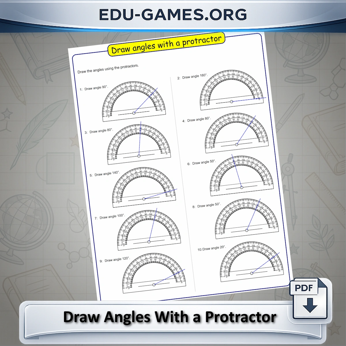 Draw angles with a protractor — printable worksheet generator