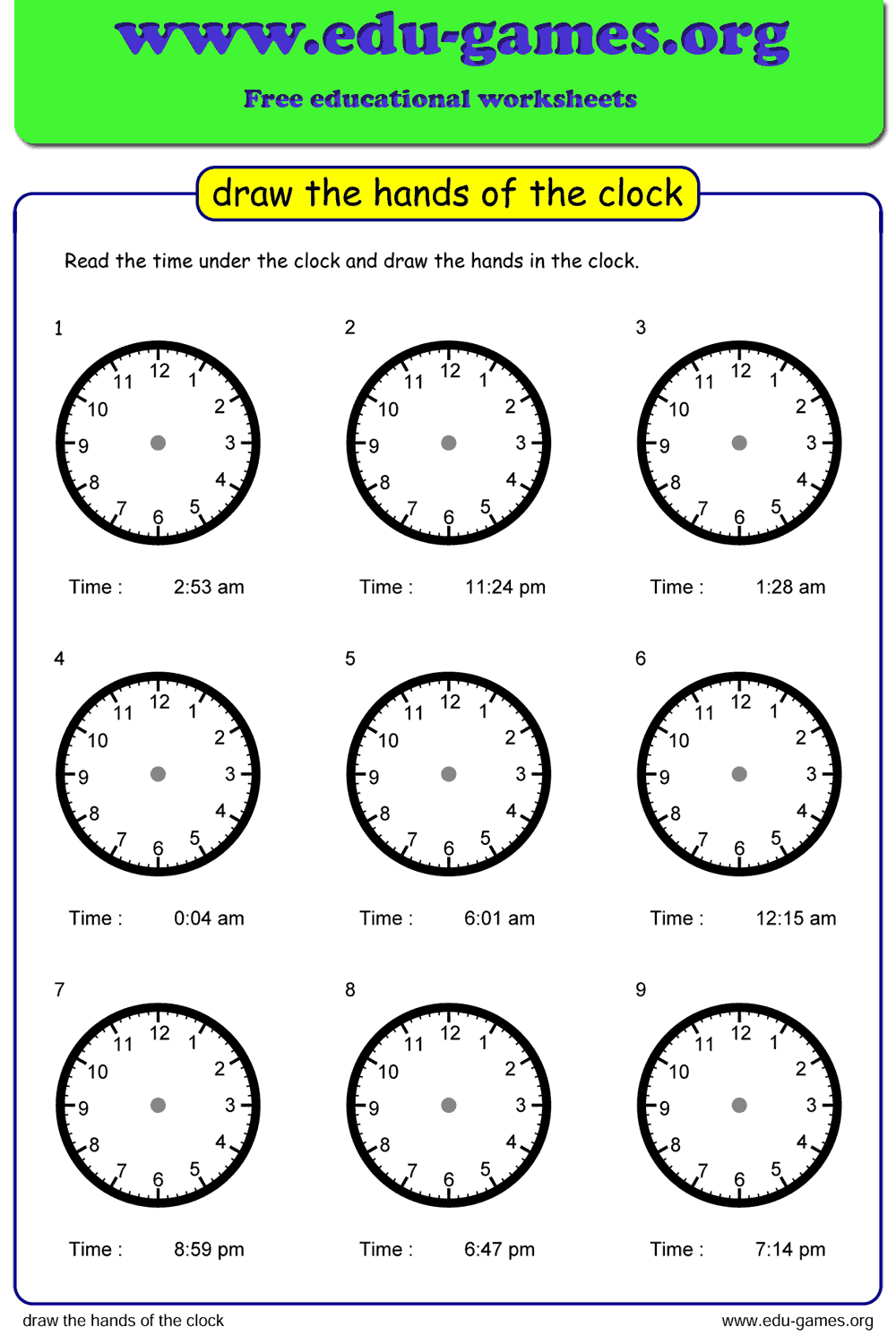 Draw the Hands of the Clock Worksheet Maker | Edu-Games