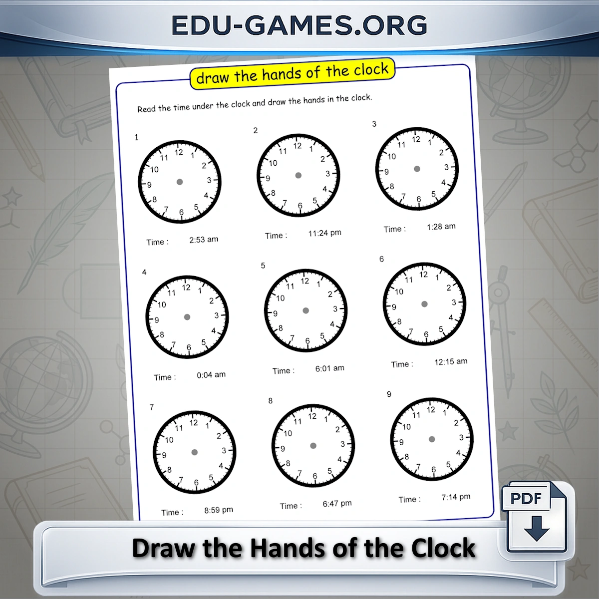 Free printable draw the hands of the clock worksheet