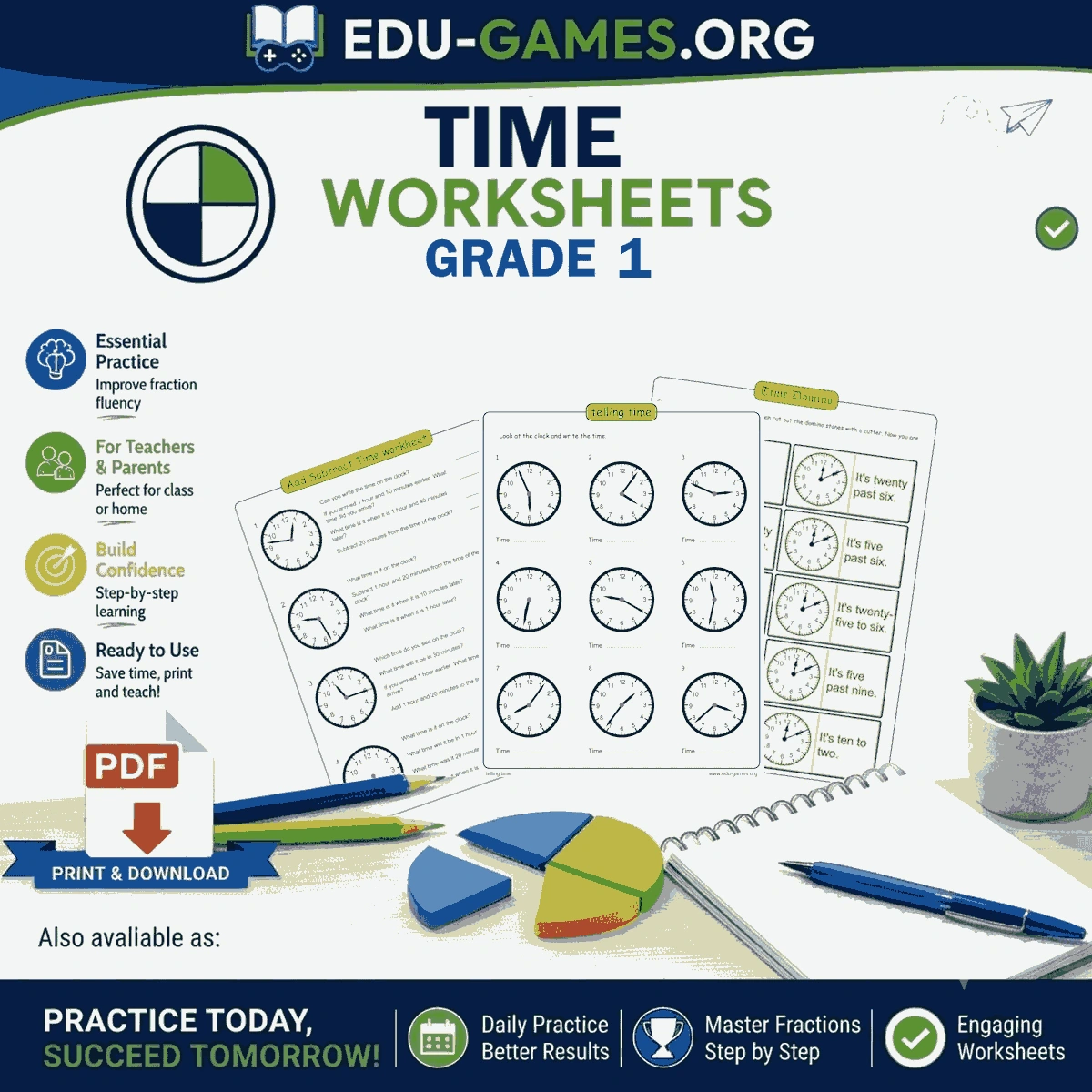 Free printable first grade time worksheets