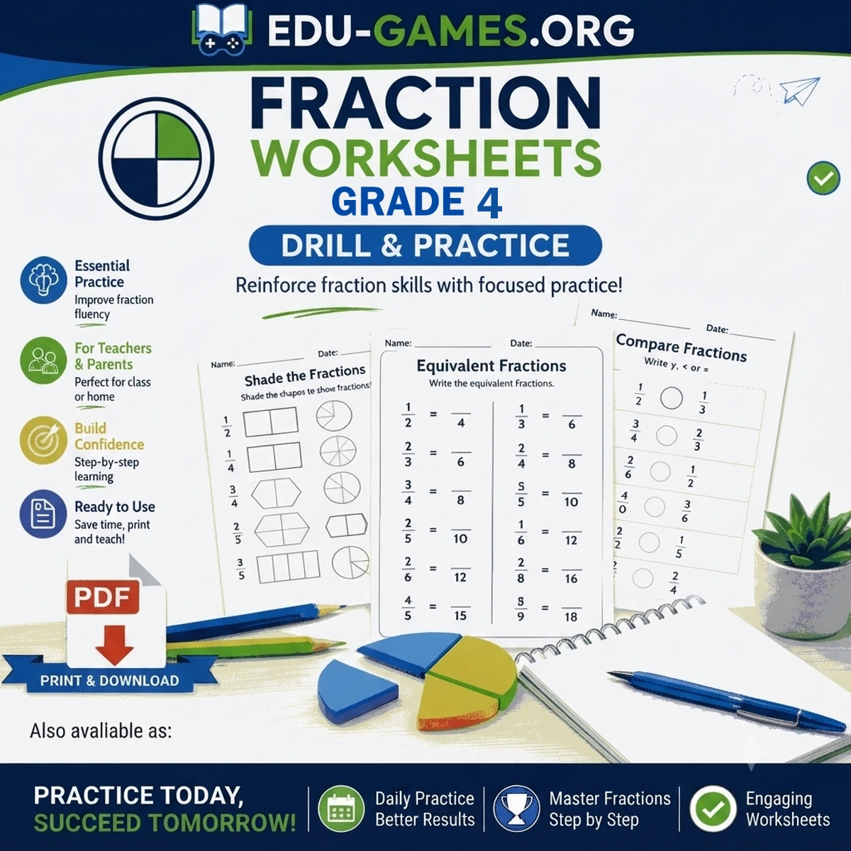 Free printable fourth grade fractions worksheets