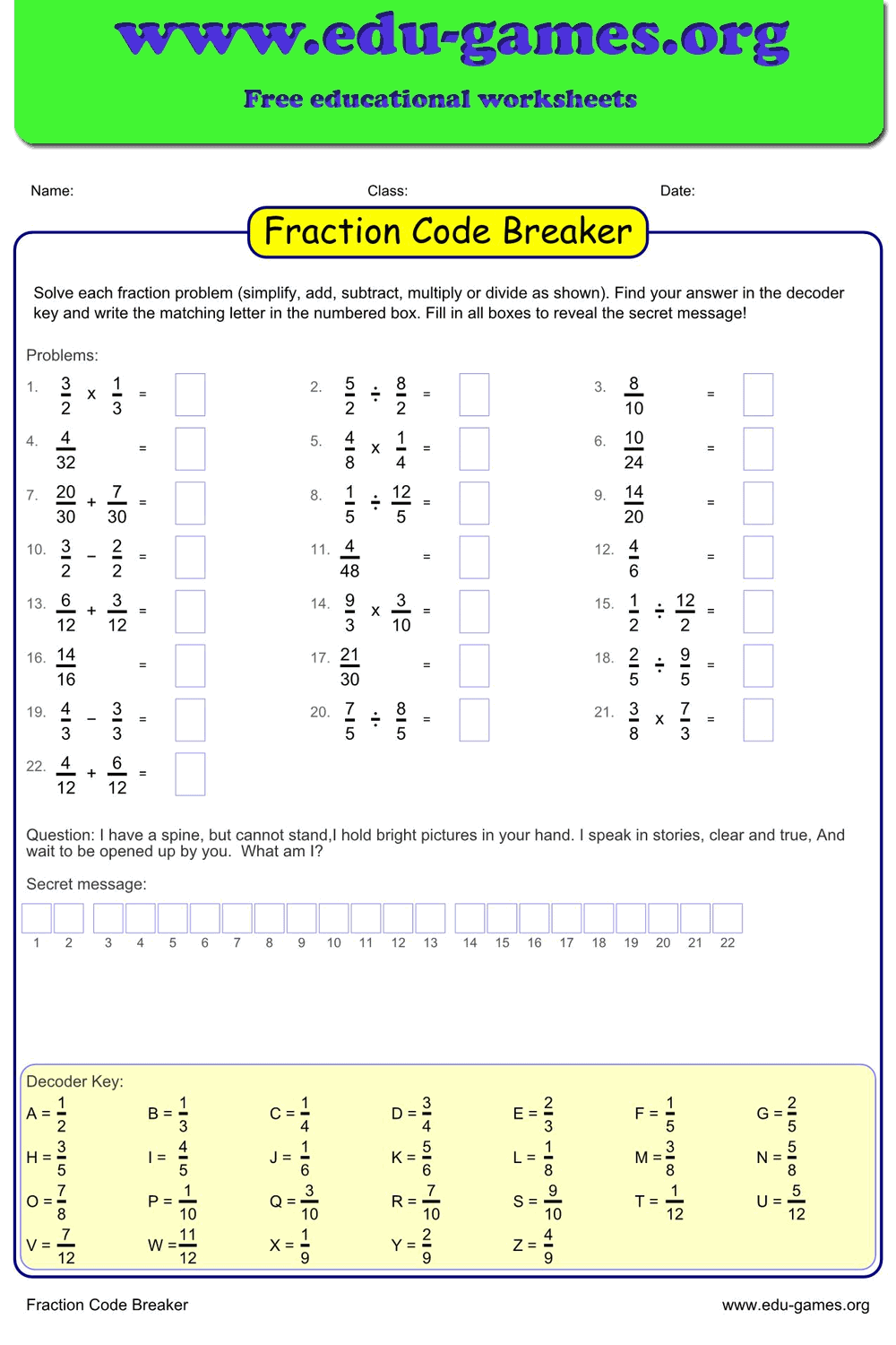 Fraction Code Breaker — Free Printable Cryptogram Worksheets | Edu-Games