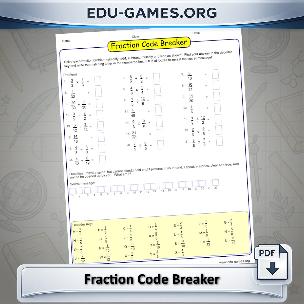 Free printable fraction code-breaker cryptogram worksheet generator
