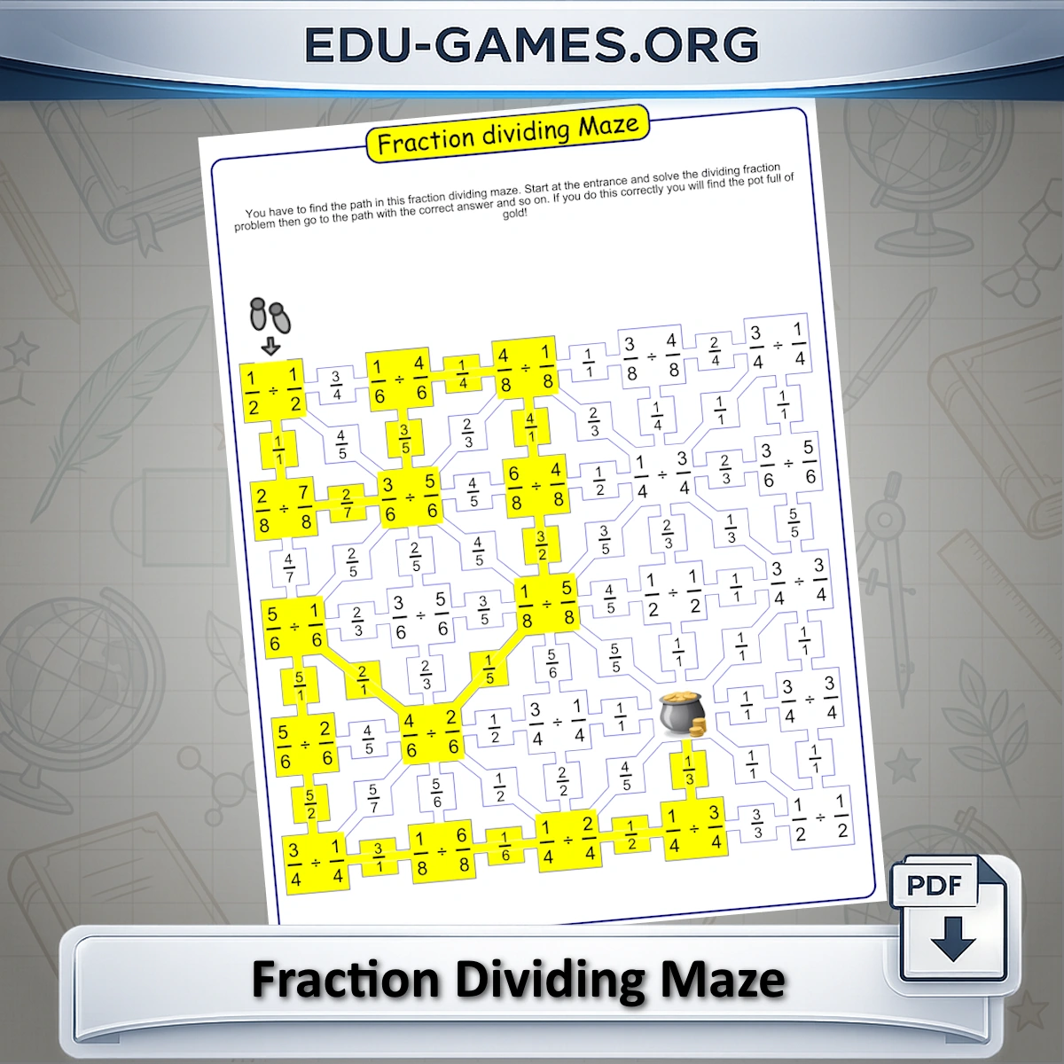 Free printable dividing fractions maze worksheet generator for like and unlike denominators