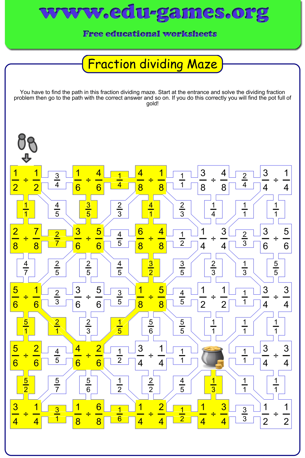 Fraction dividing maze worksheet maker with like and unlike denominators.