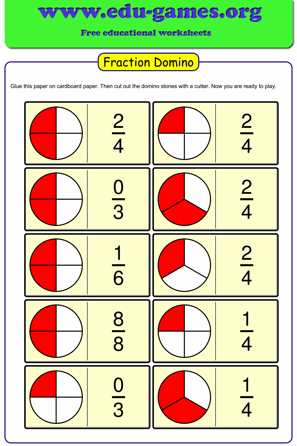 Fraction Domino Game — Free Printable Worksheet Maker