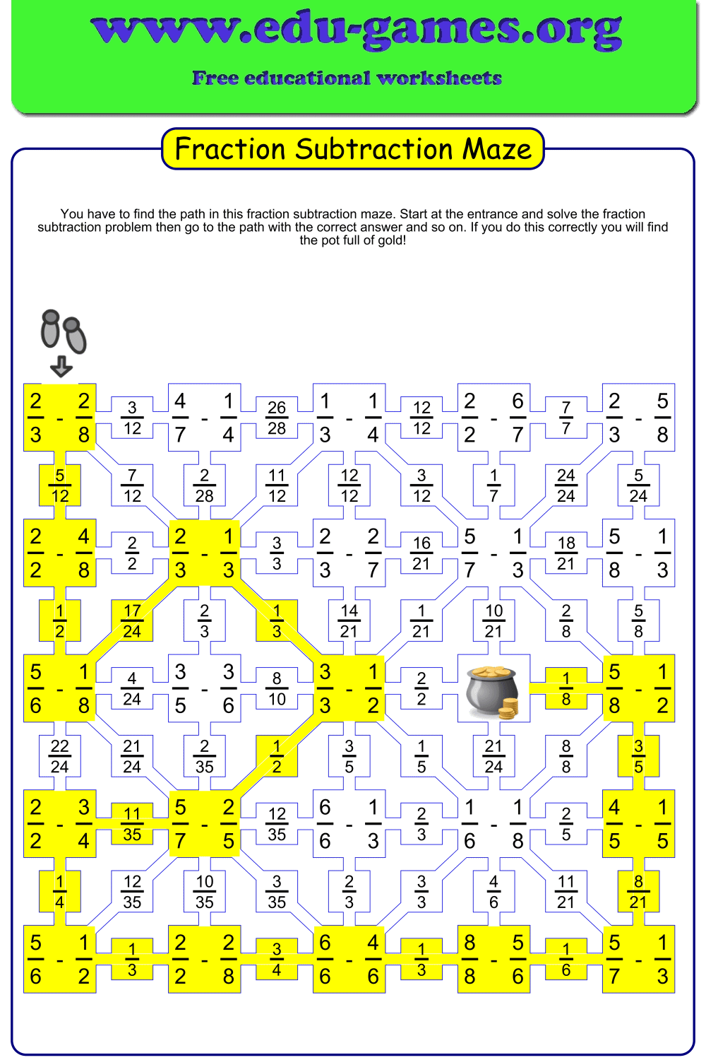 Subtracting Fractions Maze — Free Printable Worksheet & PDF Generator