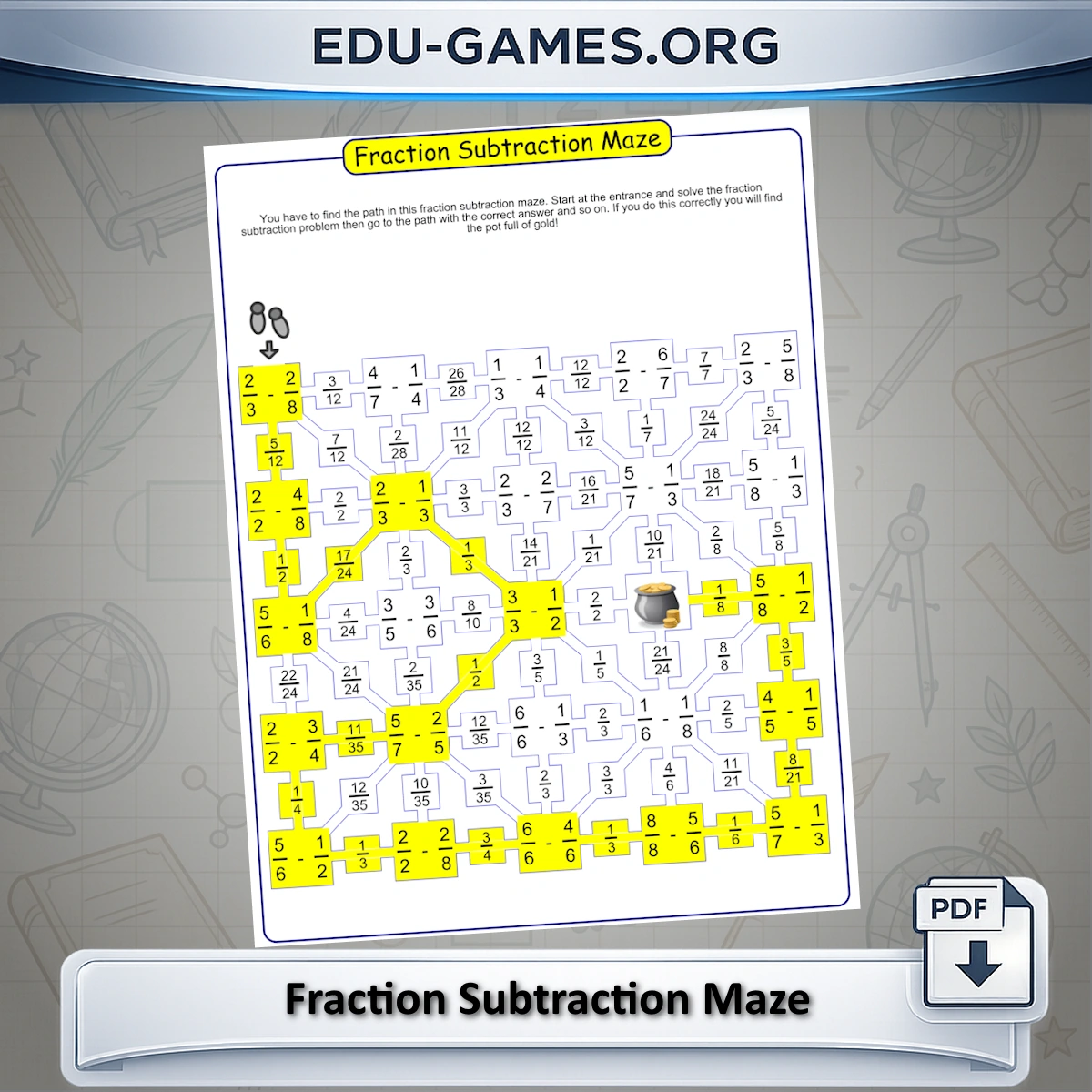 Free printable fraction subtraction maze worksheet generator