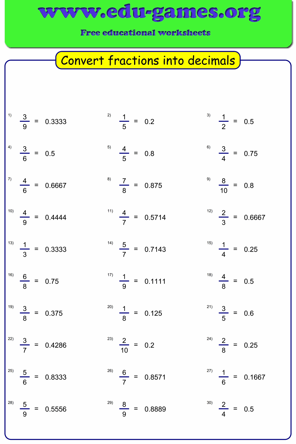 Free Fractions to Decimals Worksheets — Printable PDF with Answer Key
