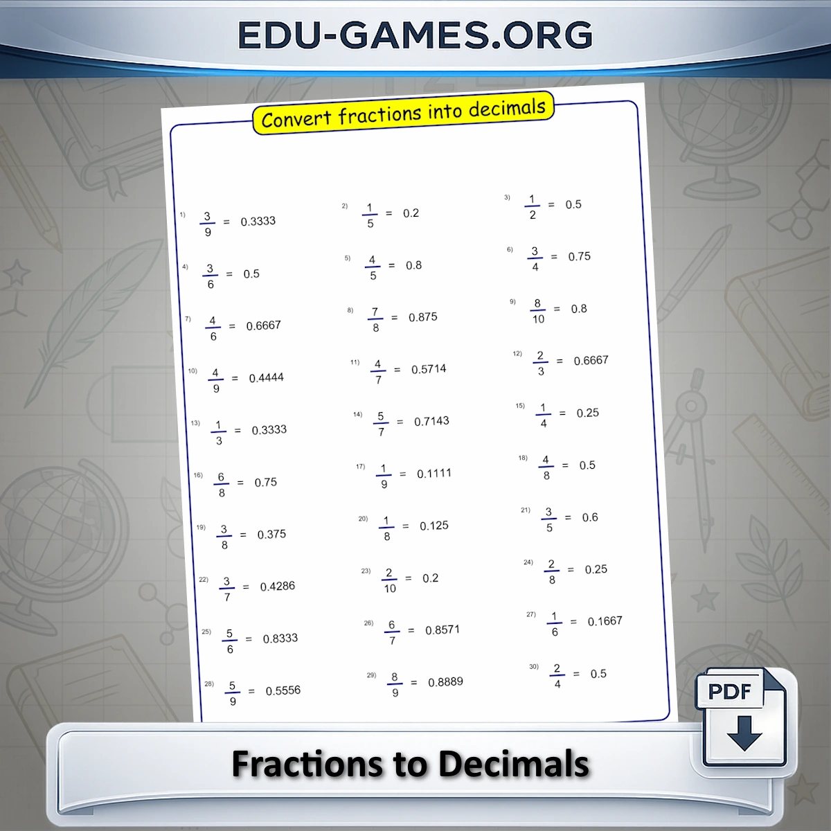 Free printable fractions to decimals worksheet generator