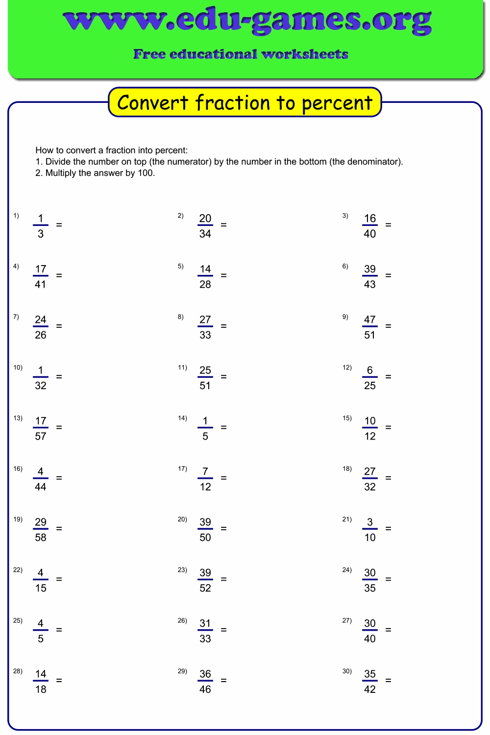 Convert Fractions to Percent - Free Worksheet Generator & Printable PDFs
