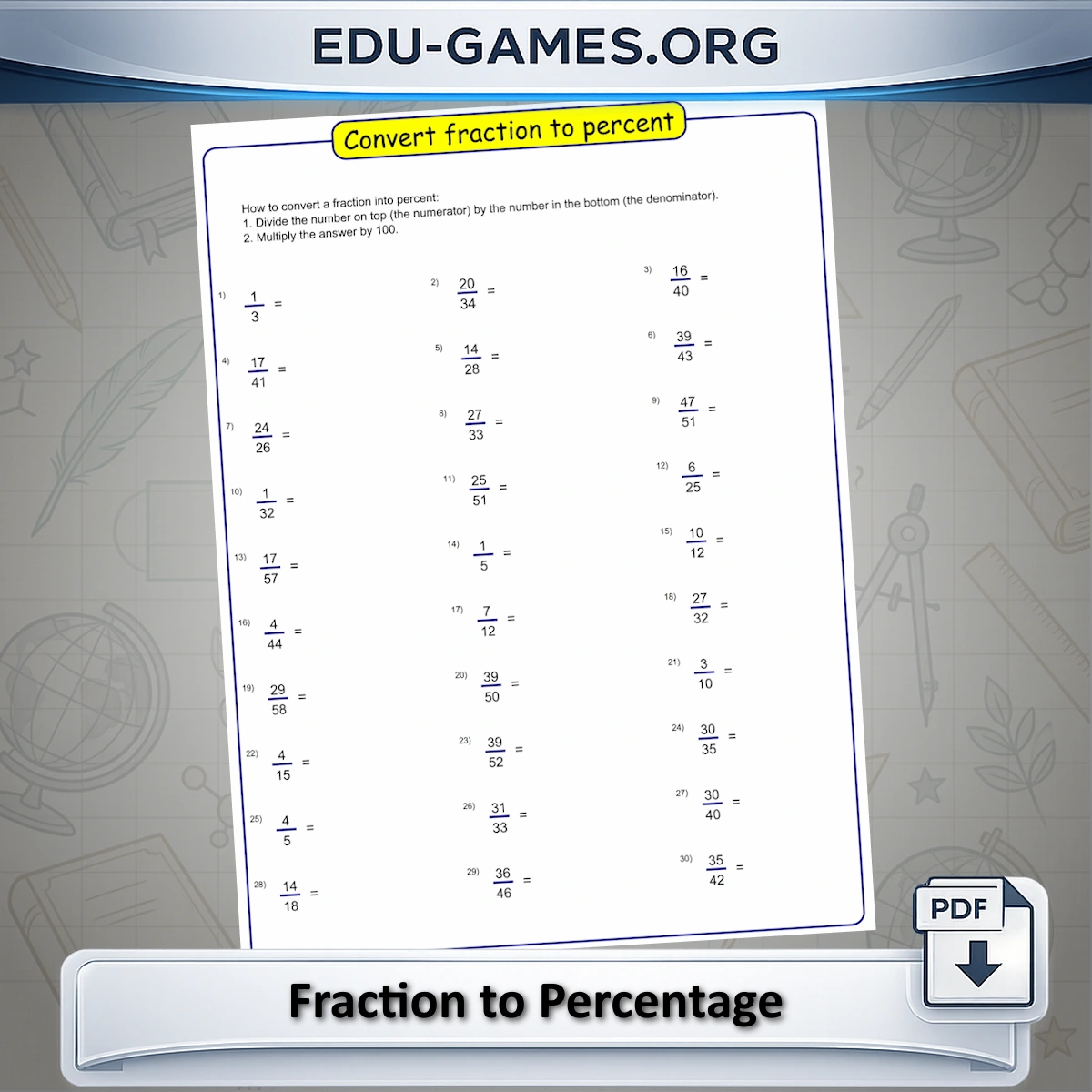 Free printable fractions to percent conversion worksheet generator