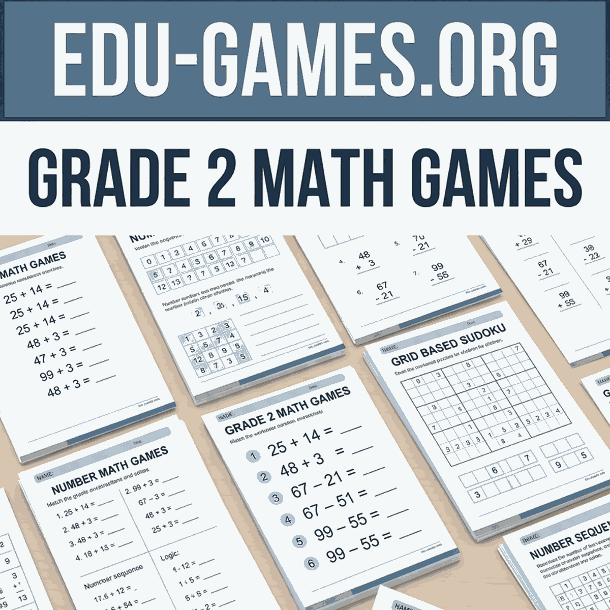Free printable math game worksheets for Grade 2 — addition, subtraction, mazes & more.