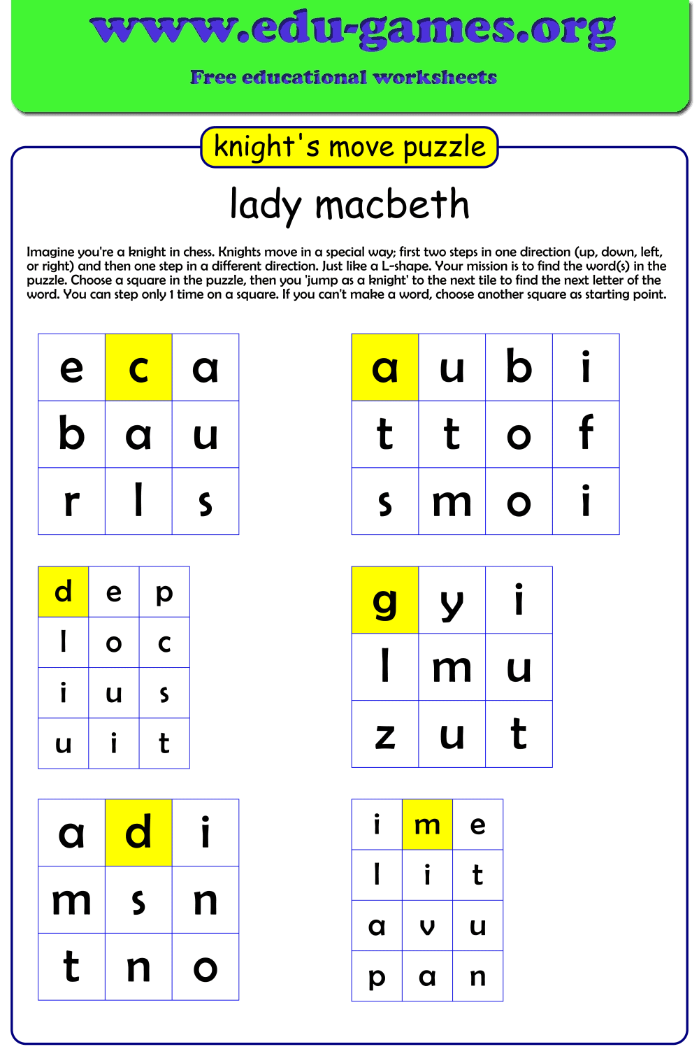 Knight Move Puzzle Generator | Free Printable Word Puzzles