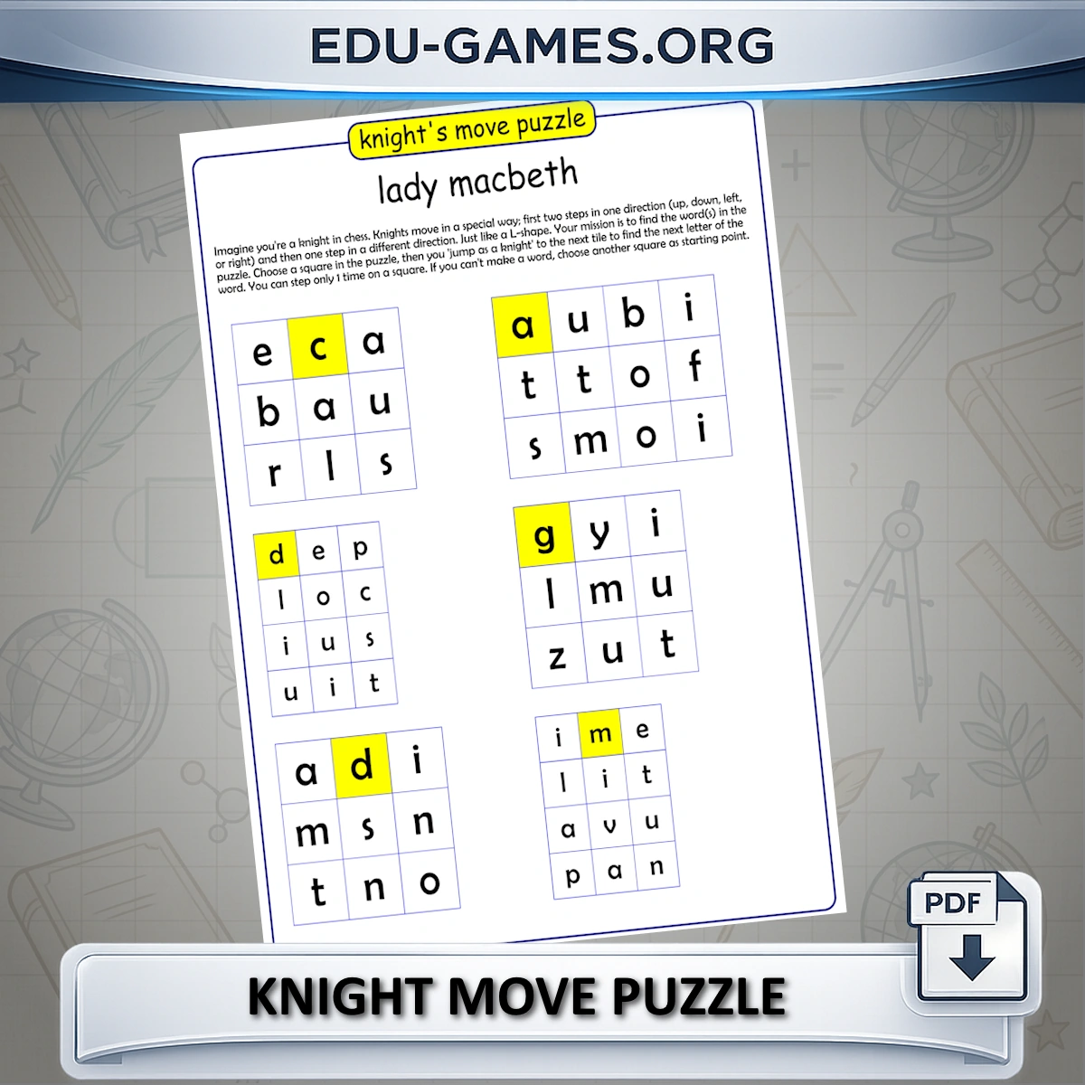 Preview of a custom printable Knight's Move word puzzle grid generated from a teacher's vocabulary list, ready to download as a classroom PDF worksheet.