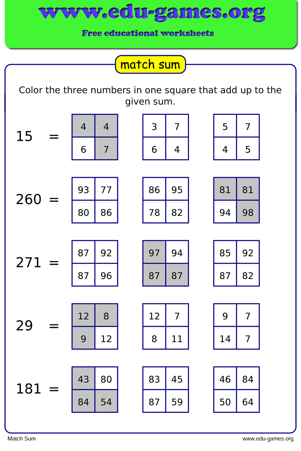 Free Printable Match Sum Worksheets — Puzzle Generator | Edu-Games