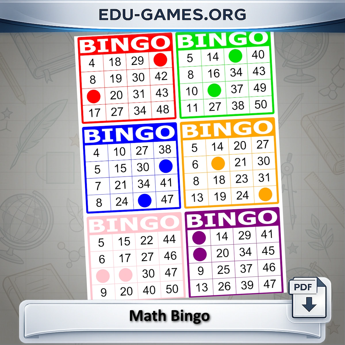 Free printable math bingo card generator