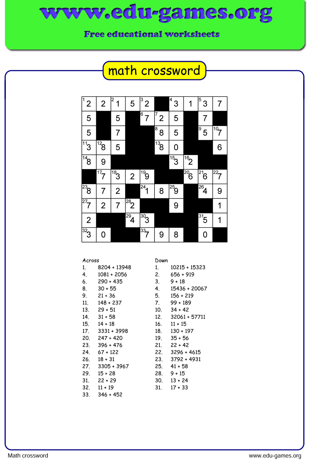Free Math Crossword Puzzle Maker - Printable PDF Worksheets for Teachers