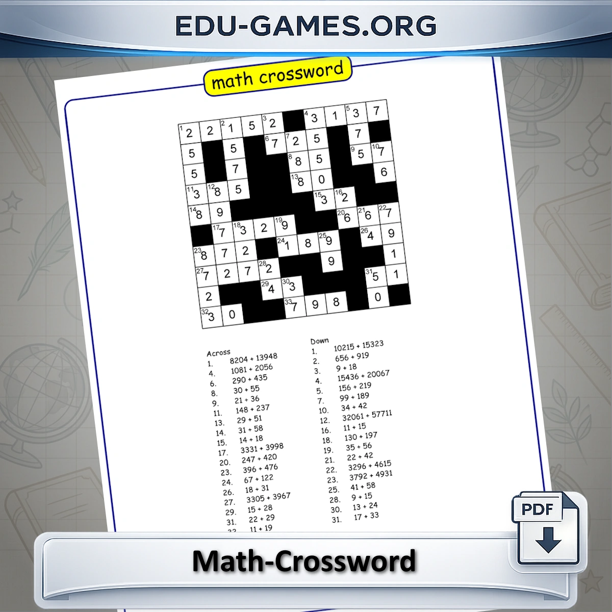 Free printable math crossword puzzle maker - customizable arithmetic crosswords for classroom use.