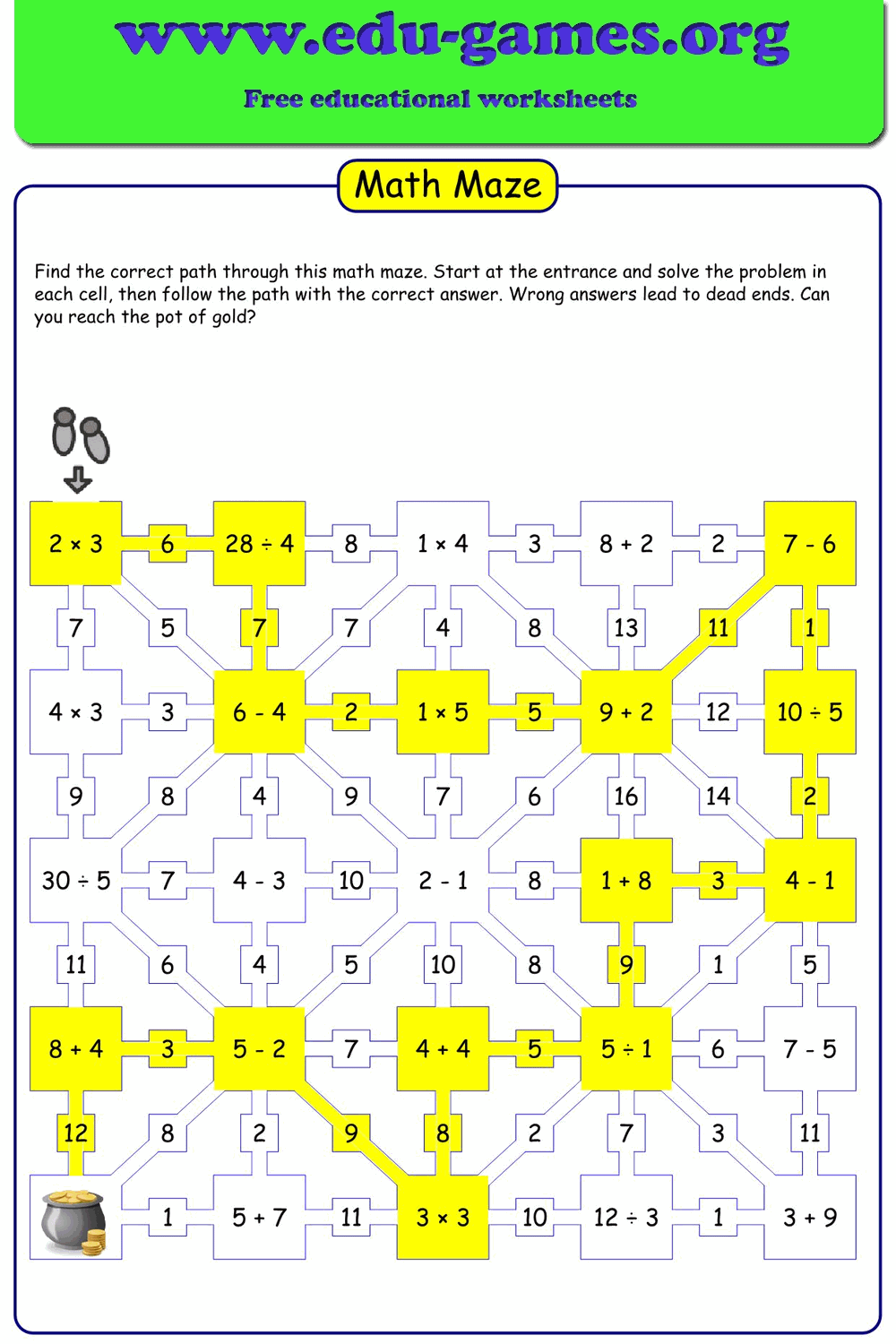 Free Mixed Operations Math Maze Maker - Printable Math Worksheet Generator | Edu-Games