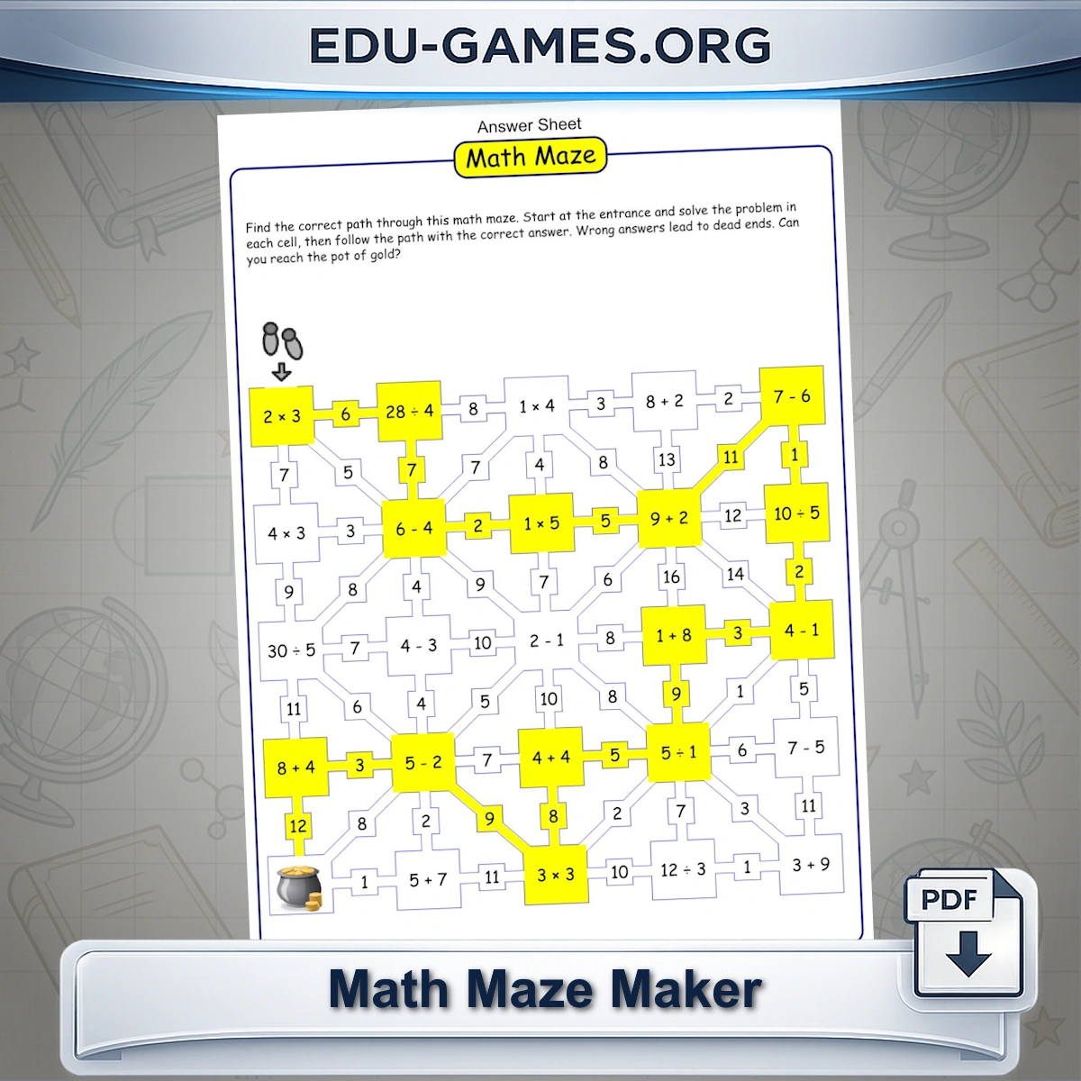 Free printable Mixed Operations Math Maze maker for Kids