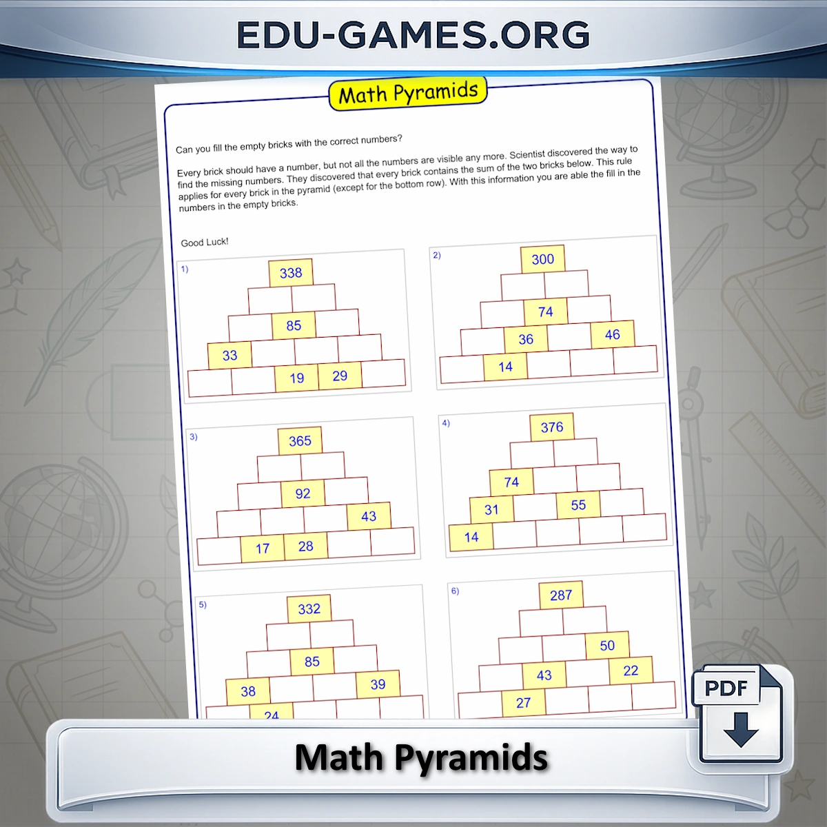 Free printable math pyramid puzzle worksheet generator