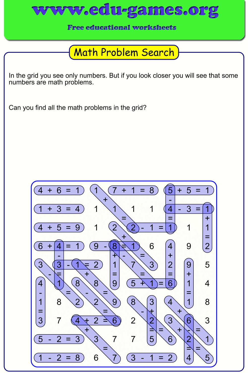 Math Search Worksheets — Free Printable PDF Generator | Edu-Games