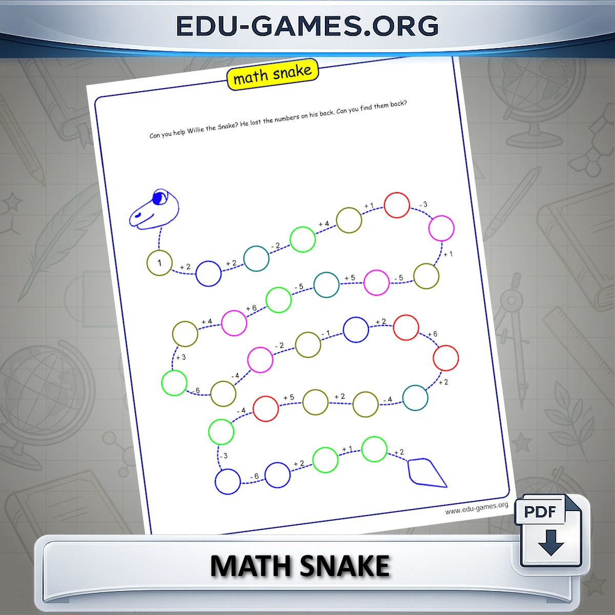 Free printable math snake worksheet — a winding snake with numbered body segments connected by arithmetic operators, for students to complete step by step.