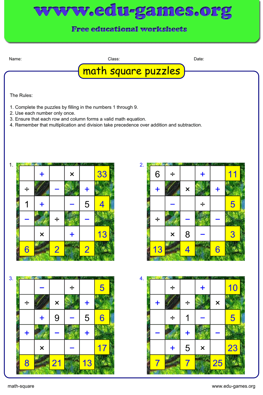 Free Math Square Puzzle Generator — Printable Worksheets | Edu-Games