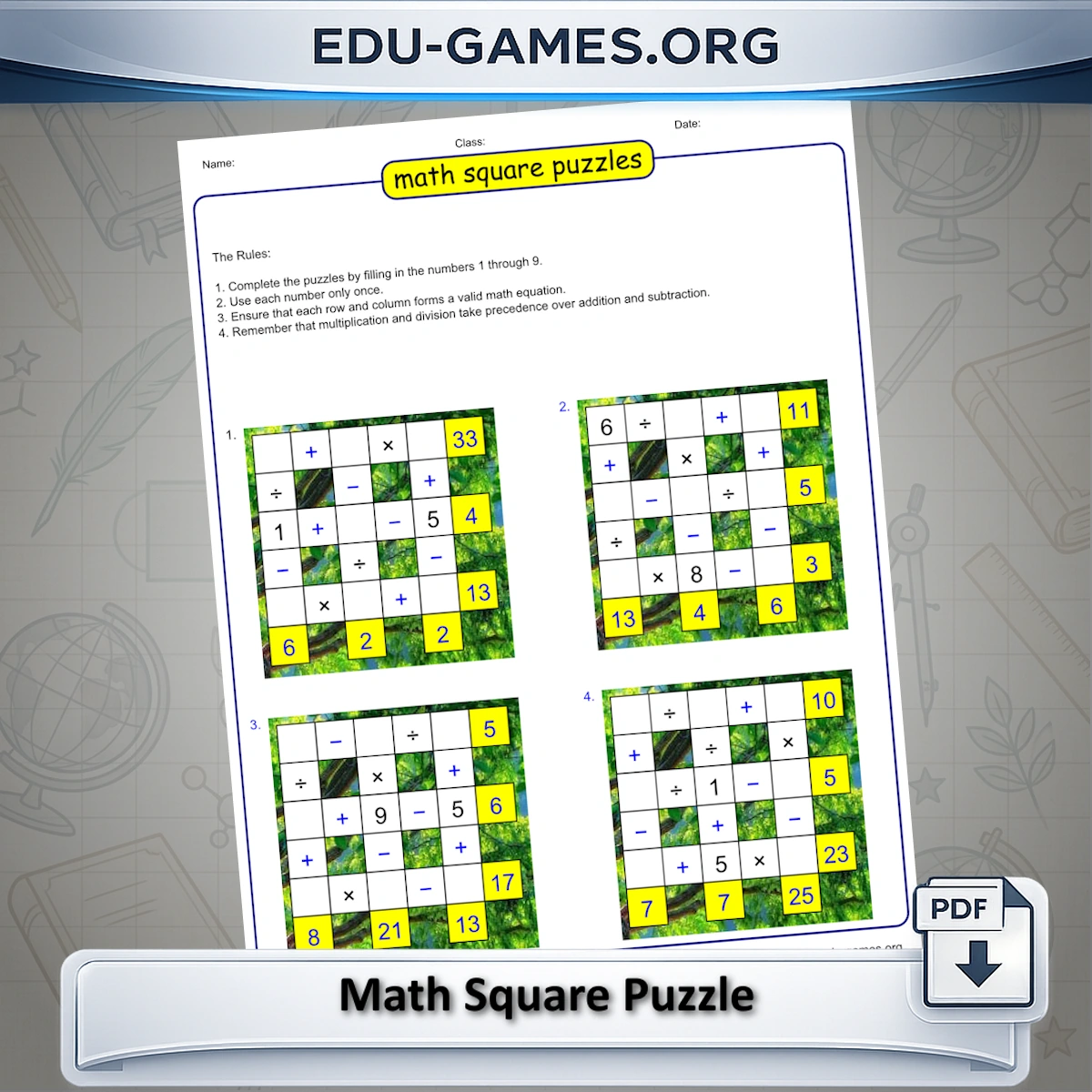 Free printable math square puzzle worksheet maker