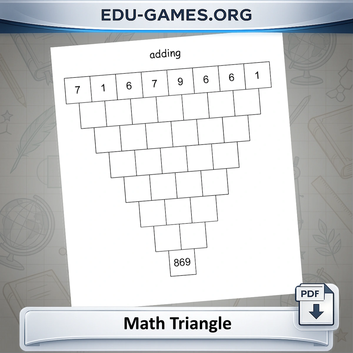 Math triangle puzzle worksheet example — 8-row addition grid