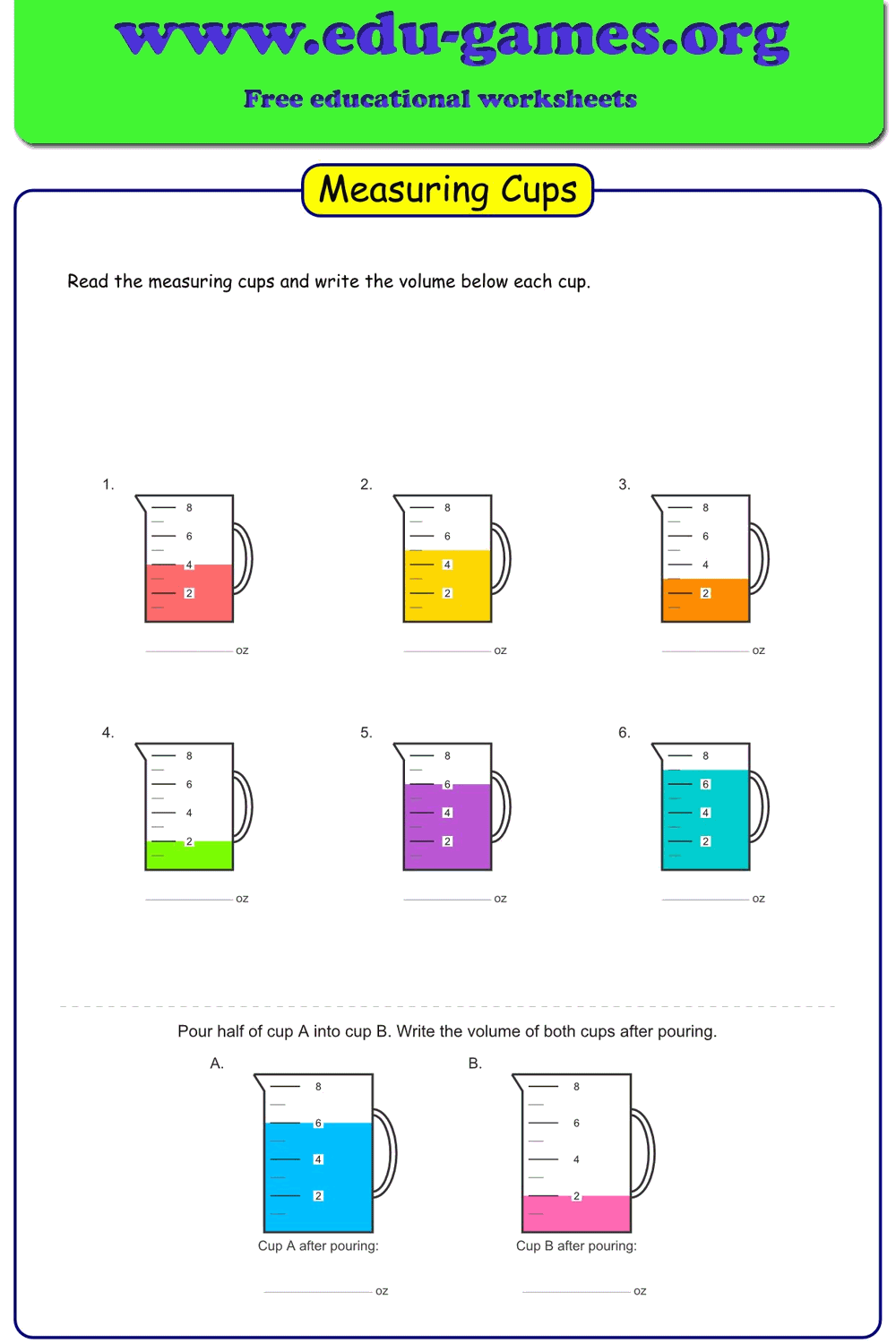 Measuring Cup Worksheets — Fluid Ounces & Milliliters (oz / ml) | Edu-Games