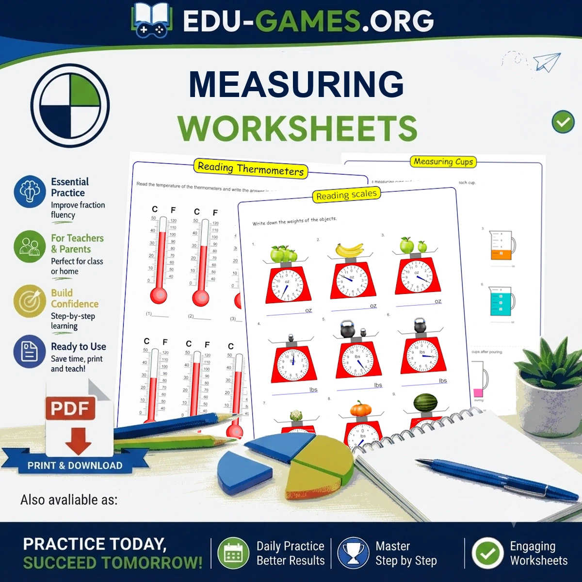 Free printable measurement worksheets for length, weight, angles, and temperature
