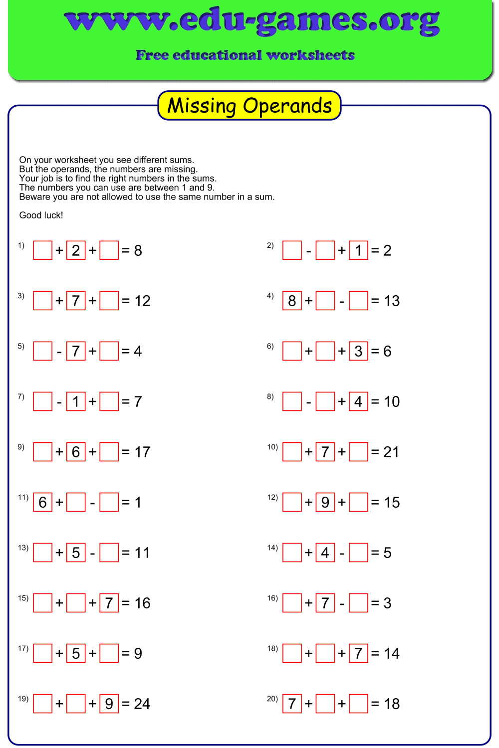 Missing Operands Worksheet Generator | Free Printable PDF | Edu-Games