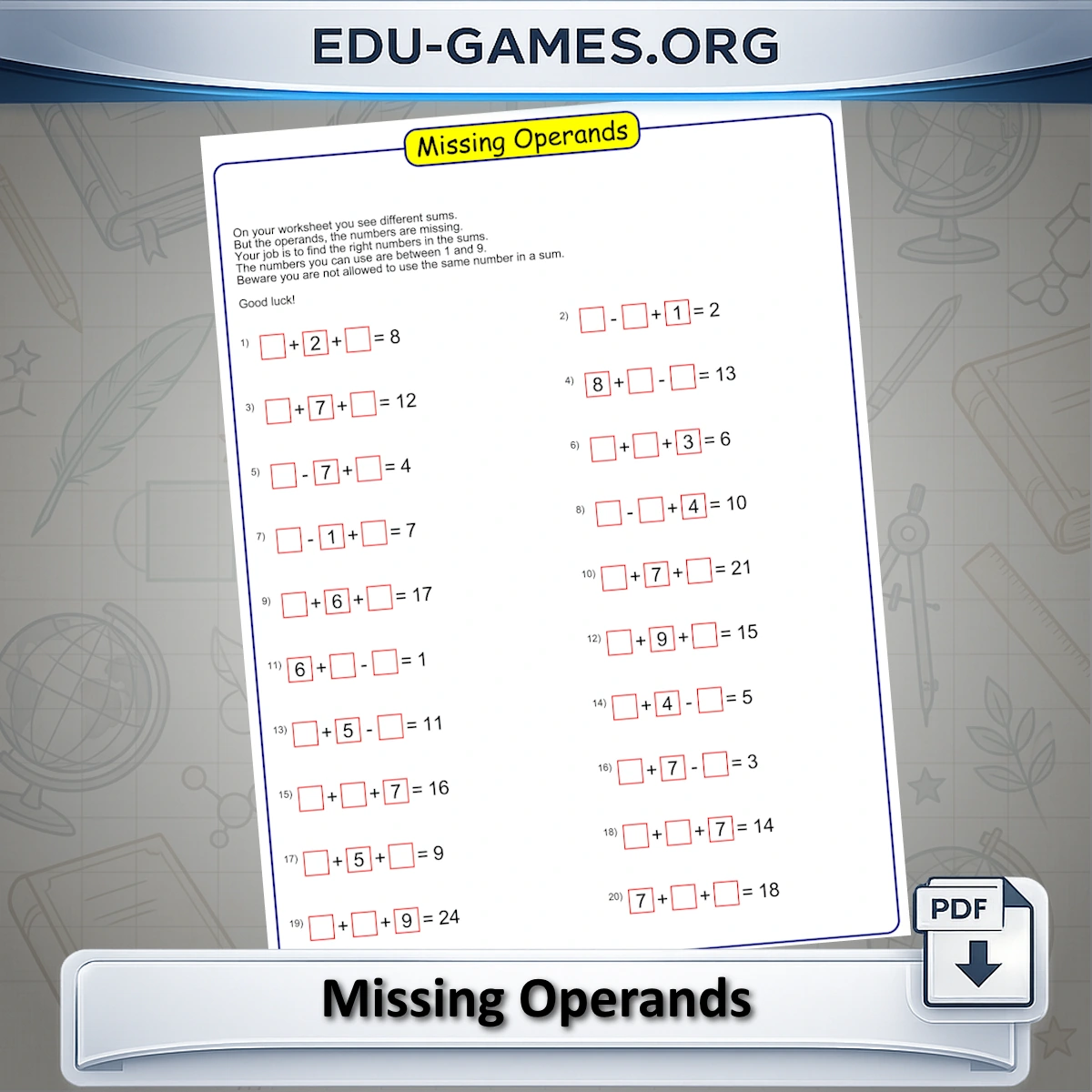 Printable missing operands worksheet generator