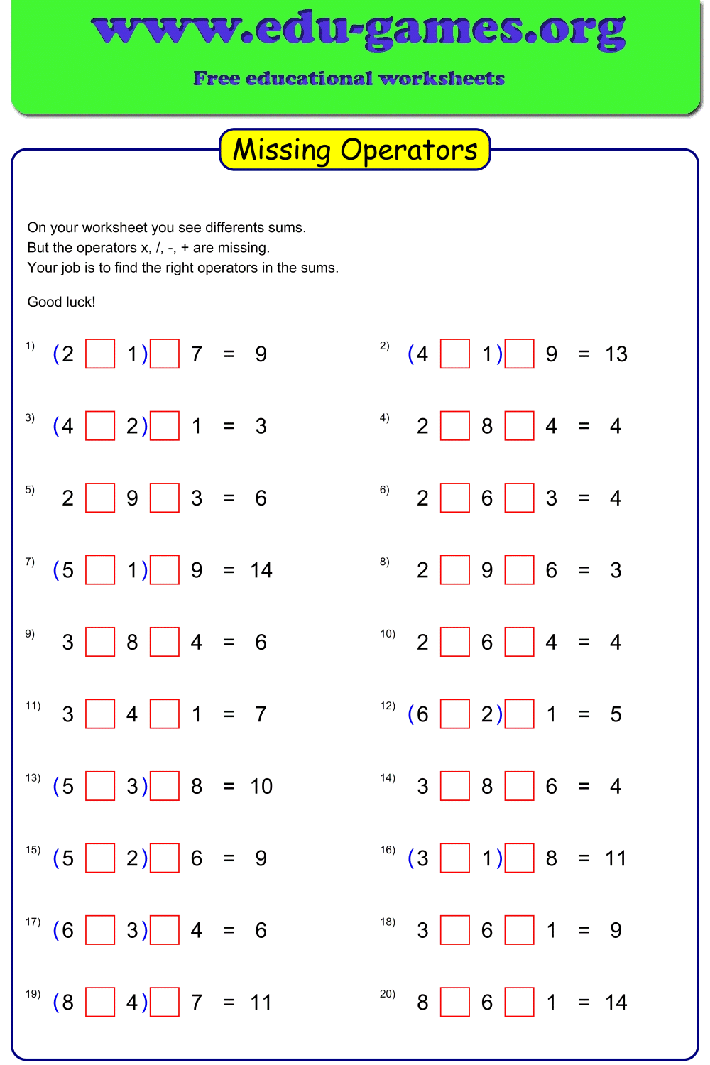 Missing Operators Worksheets — Free PDF with Answer Key | Edu-Games